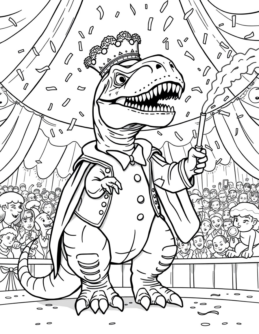 A dinosaur circus ringmaster announcing acts with confetti cannons