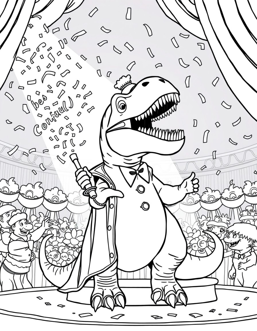 A dinosaur circus ringmaster announcing acts with confetti cannons