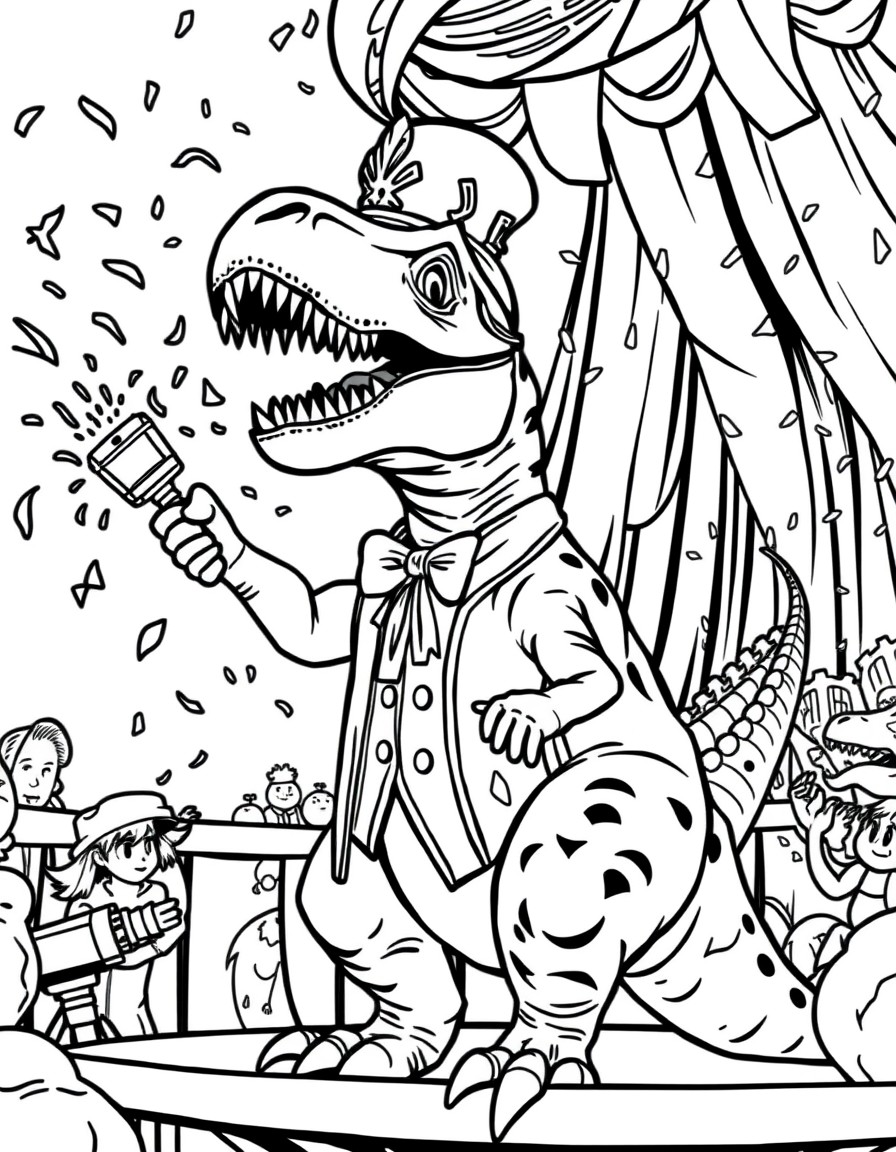 A dinosaur circus ringmaster announcing acts with confetti cannons