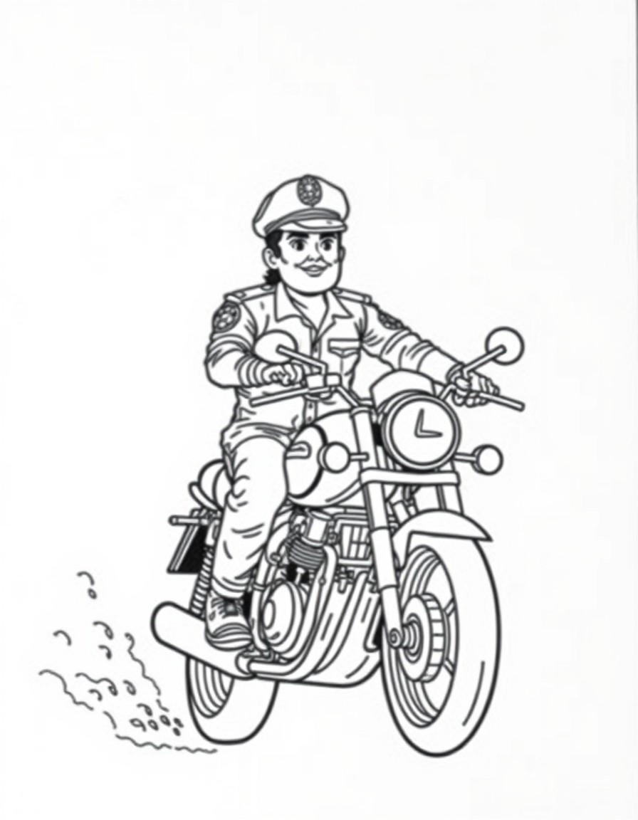 create a telugu hero wearing police hat and riding royal enfiled bike