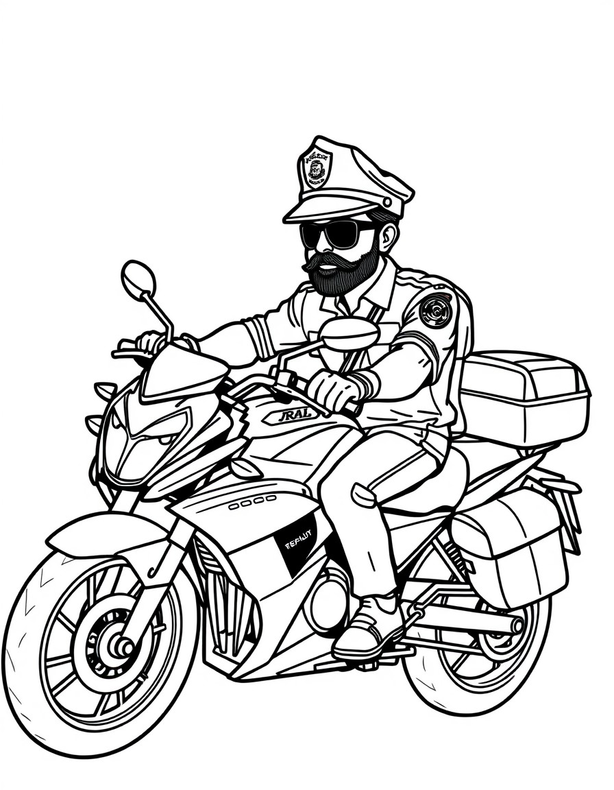 create a telugu hero wearing police hat and riding royal enfiled bike