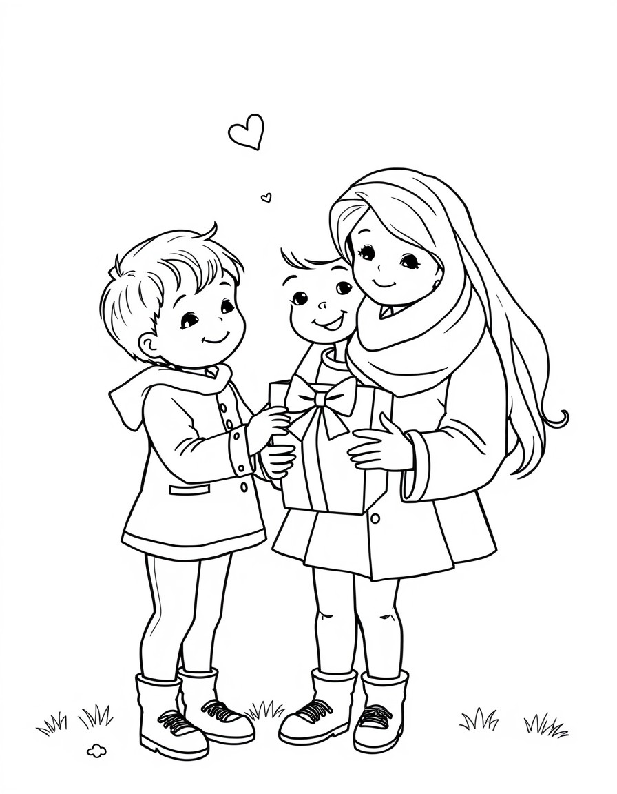 two kids giving valentine gift to her mother