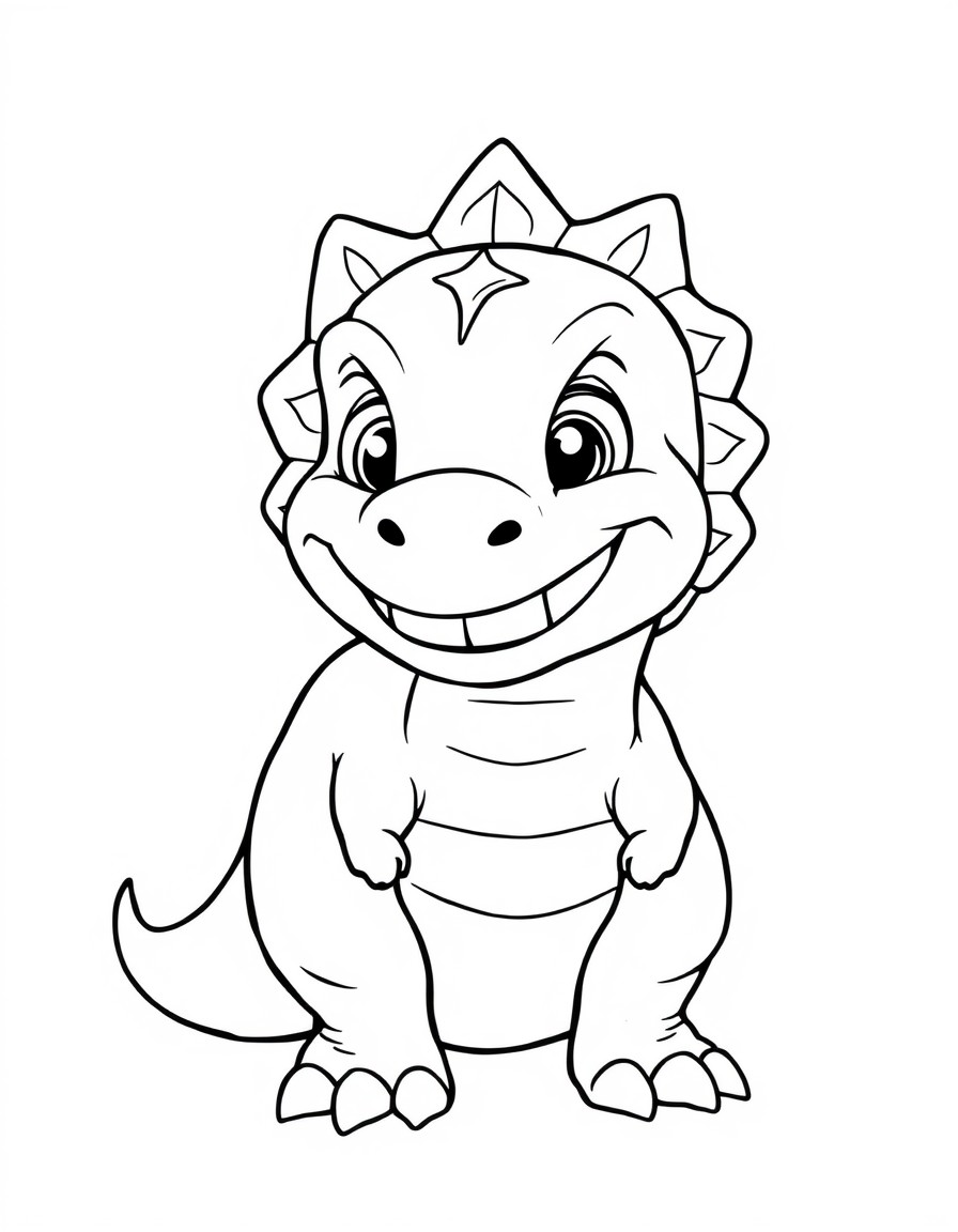 Create a captivating digital cartoon-style image of a 5-year-old dinosaur with a cheerful expression and a big, mischievous grin, accompanied by the same expression in his eyes. He has a round body. H