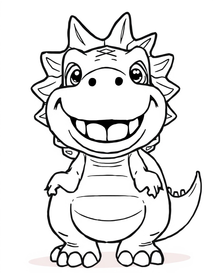 Create a captivating digital cartoon-style image of a 5-year-old dinosaur with a cheerful expression and a big, mischievous grin, accompanied by the same expression in his eyes. He has a round body. H