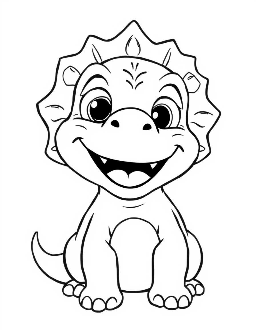 Create a captivating digital cartoon-style image of a 5-year-old dinosaur with a cheerful expression and a big, mischievous grin, accompanied by the same expression in his eyes. He has a round body. H