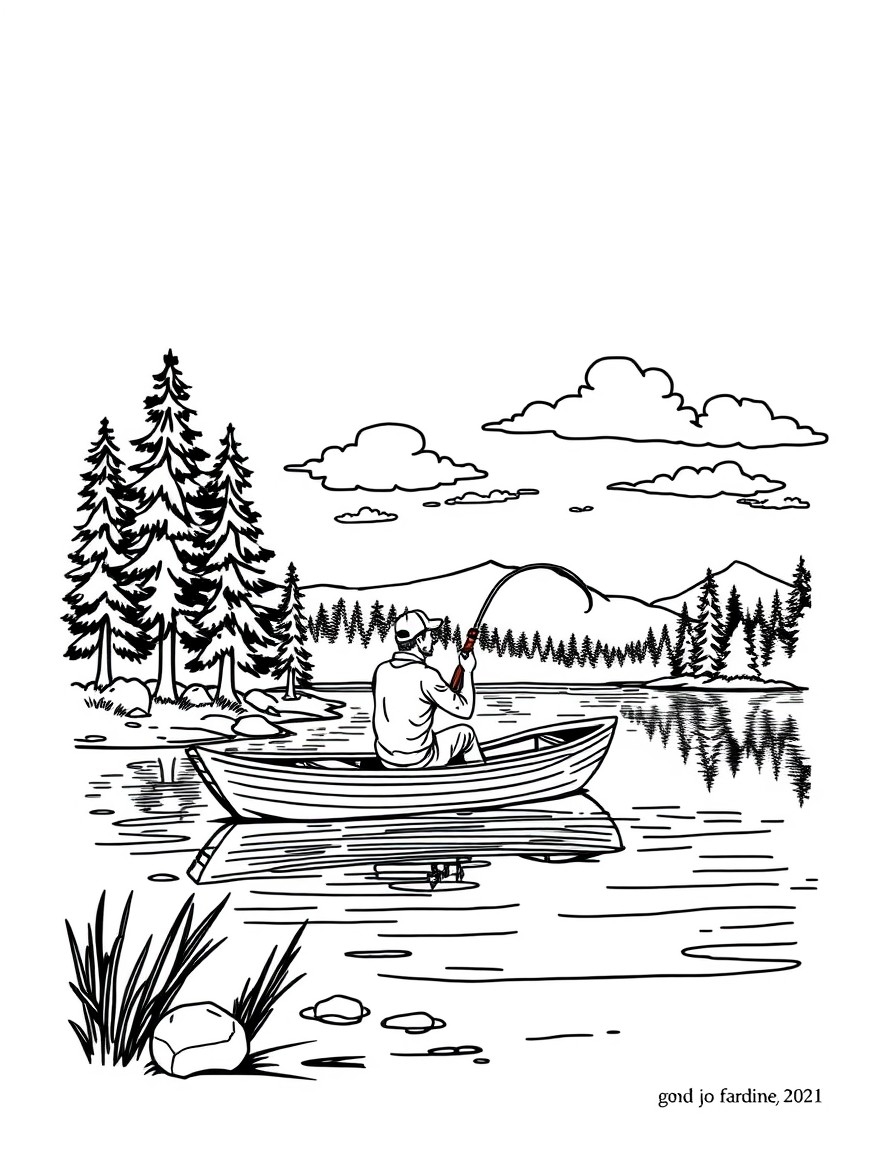 a man peacefully fishing in a boat on a lake with pine trees and a few clouds in the background