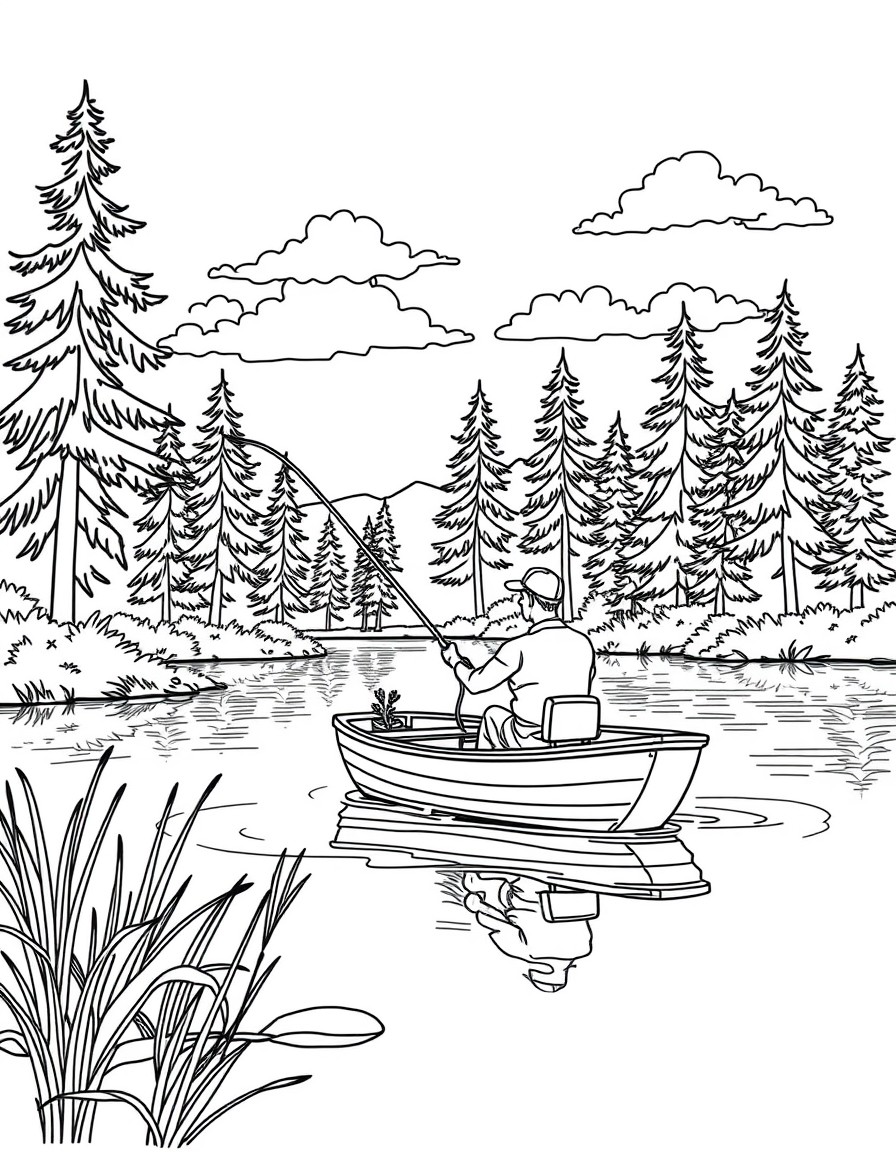 a man peacefully fishing in a boat on a lake with pine trees and a few clouds in the background