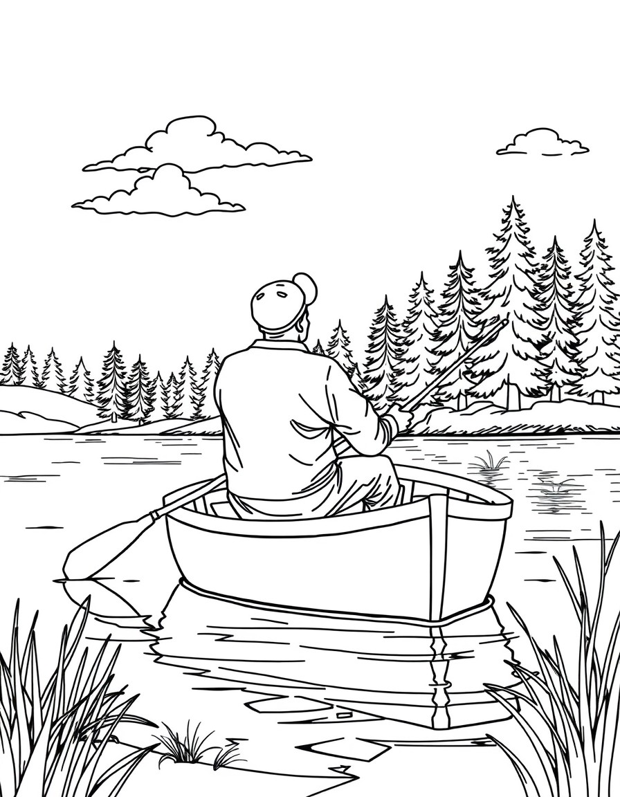 a man peacefully fishing in a boat on a lake with pine trees and a few clouds in the background
