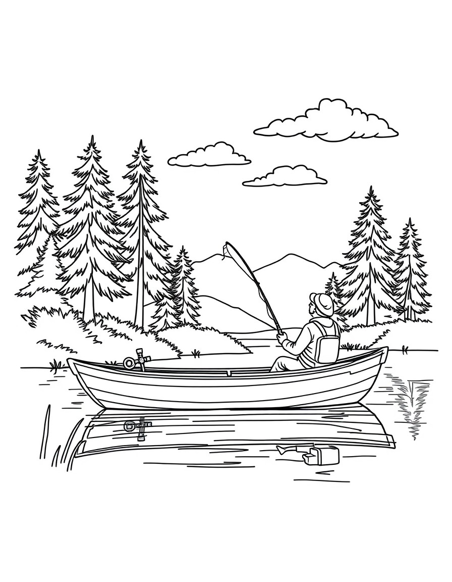 a man peacefully fishing in a boat on a lake with pine trees and a few clouds in the background