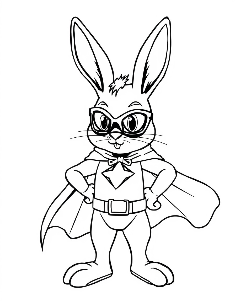 create black and white bunny superhero with background and sidekick