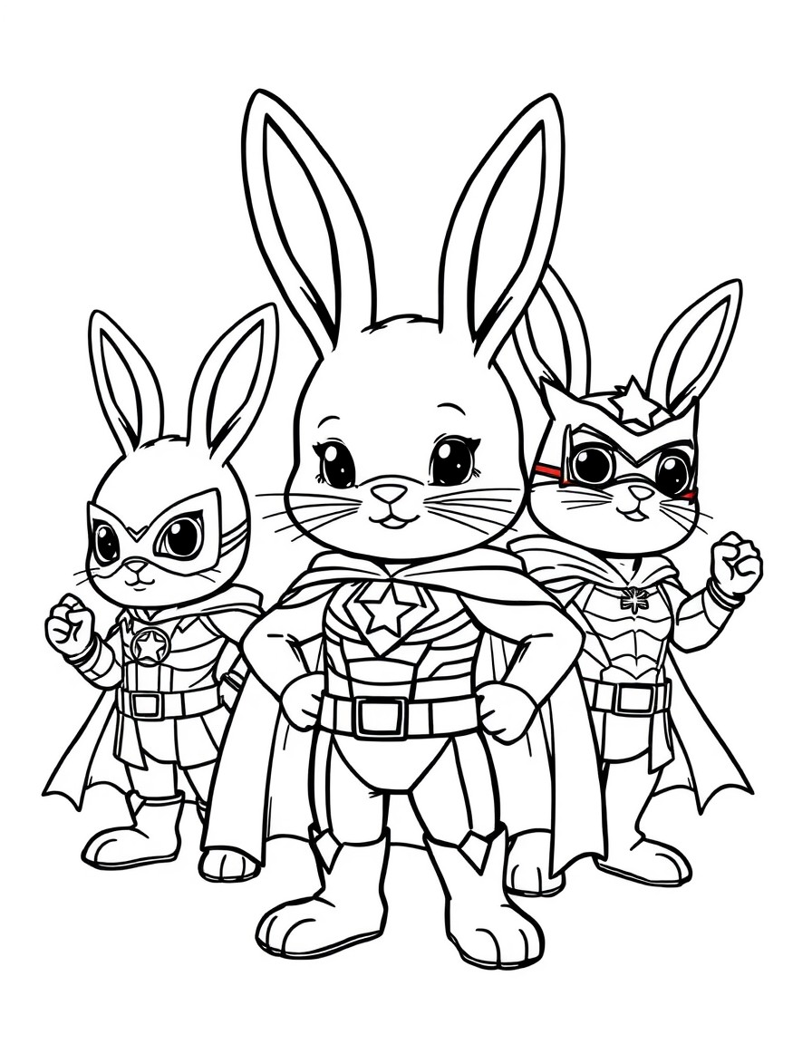 create cute bunny superhero custome as marvels with different events,backgrounds and poses, maybe some with sidekicks beside them and unique expressions