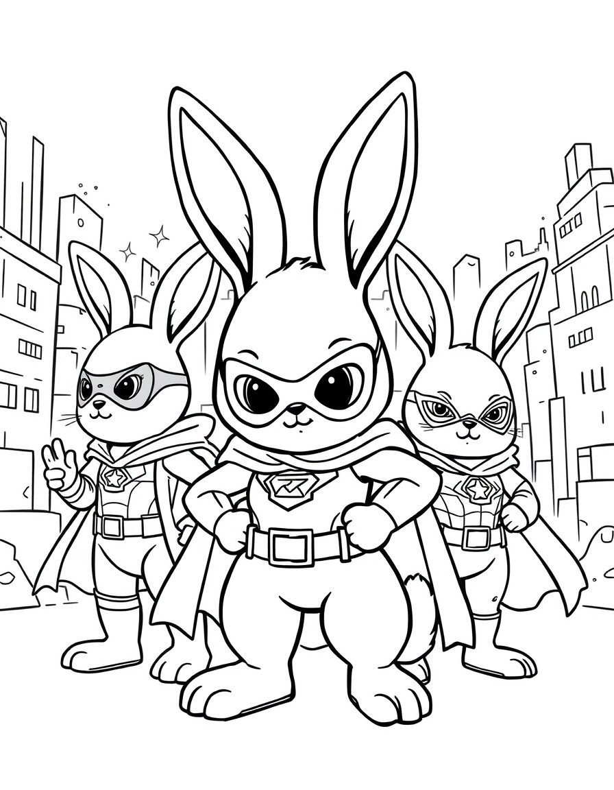 create cute bunny superhero custome as marvels with different events,backgrounds and poses, maybe some with sidekicks beside them and unique expressions