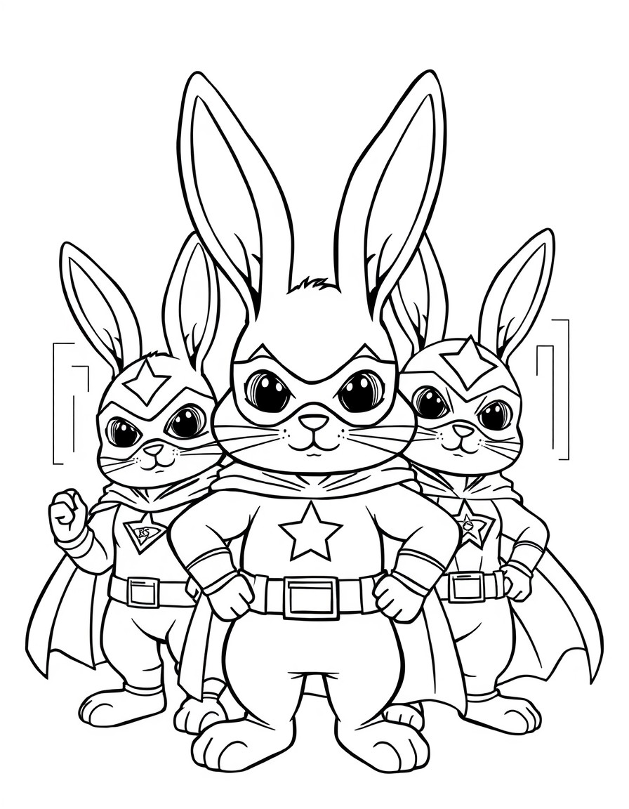 create cute bunny superhero custome as marvels with different events,backgrounds and poses, maybe some with sidekicks beside them and unique expressions