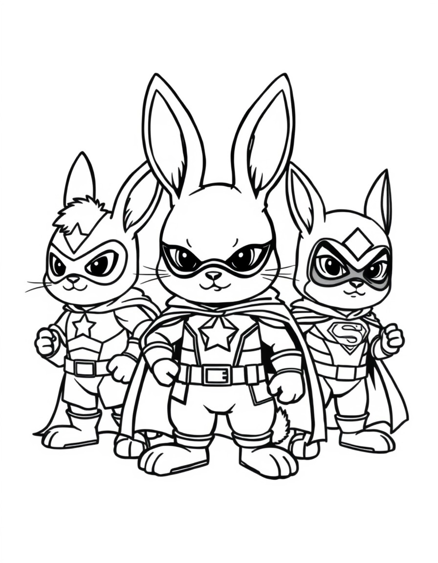 create cute bunny superhero custome as marvels with different events,backgrounds and poses, maybe some with sidekicks beside them and unique expressions