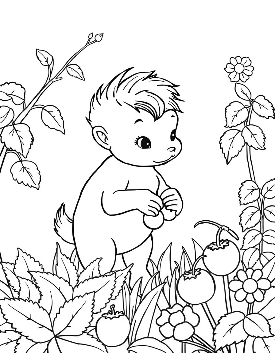 maak een kleurplaat van een tweejarig blond jongetje dat frambozen en bramen plukt in de tuin.