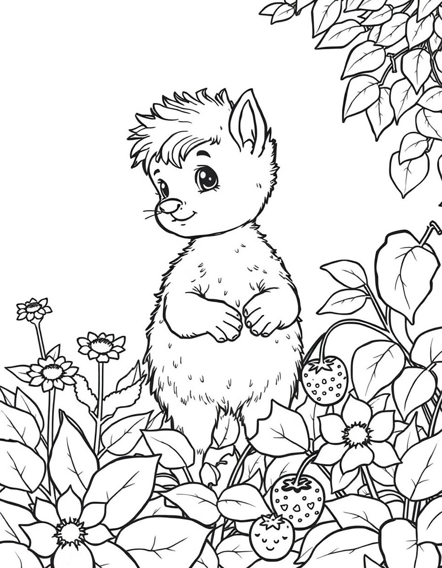 maak een kleurplaat van een tweejarig blond jongetje dat frambozen en bramen plukt in de tuin.