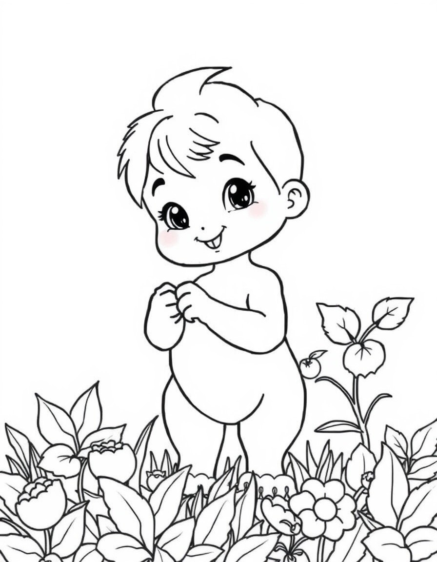maak een kleurplaat van een tweejarig blond jongetje dat frambozen en bramen plukt in de tuin.