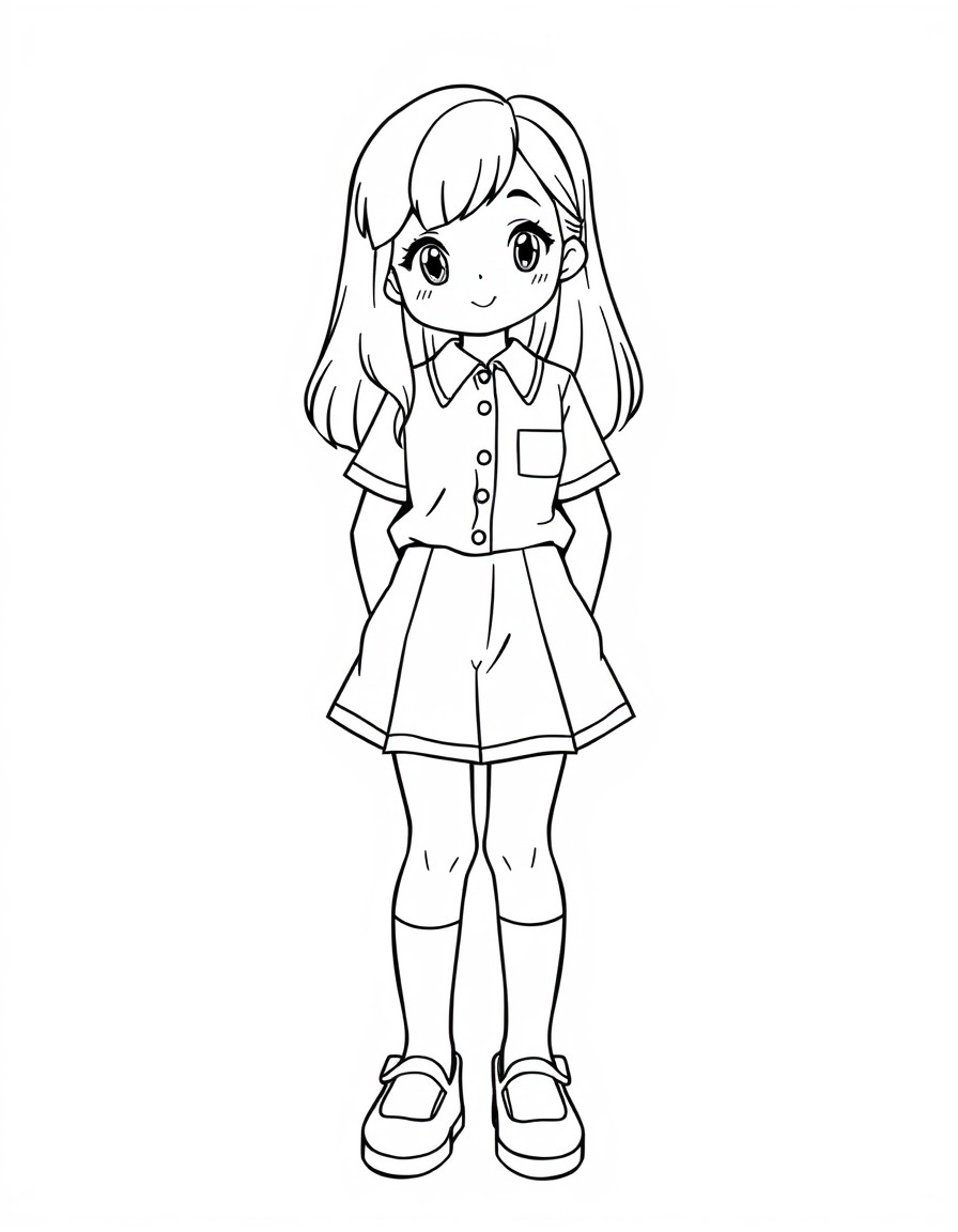 A cute teen girl wearing a school button-up blouse tucked into a short school skirt knee socks and mary jane shoes