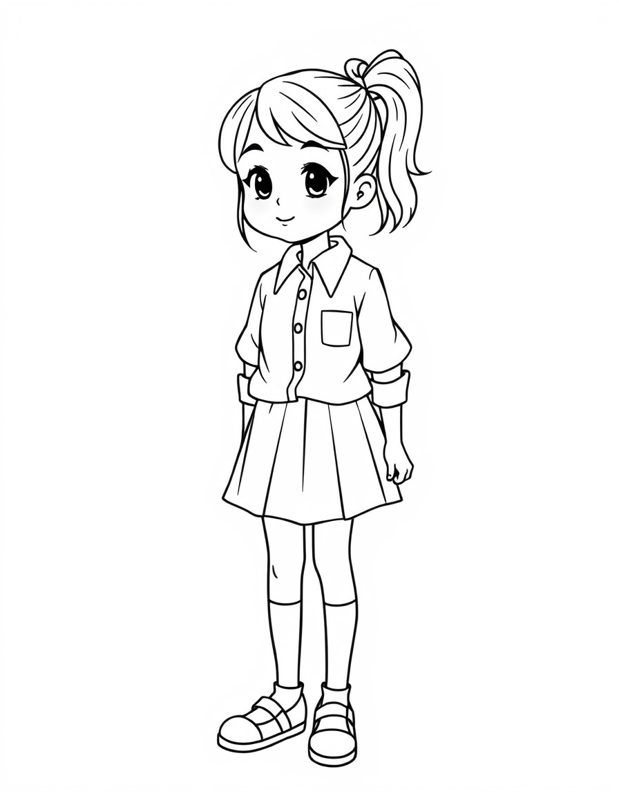 A cute teen girl wearing a school button-up blouse tucked into a short school skirt knee socks and mary jane shoes