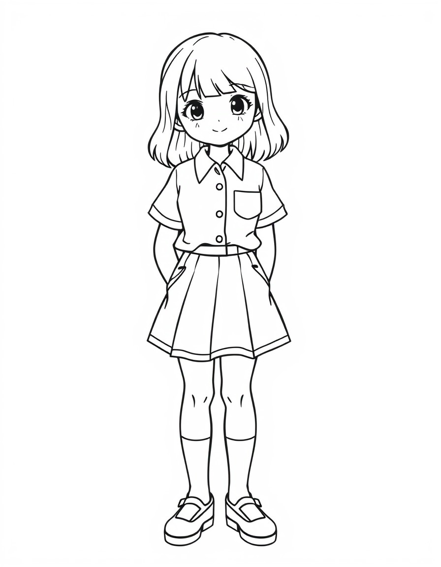 A cute teen girl wearing a school button-up blouse tucked into a short school skirt knee socks and mary jane shoes