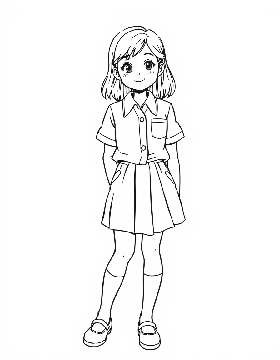 A cute teen girl wearing a school button-up blouse tucked into a short school skirt knee socks and mary jane shoes