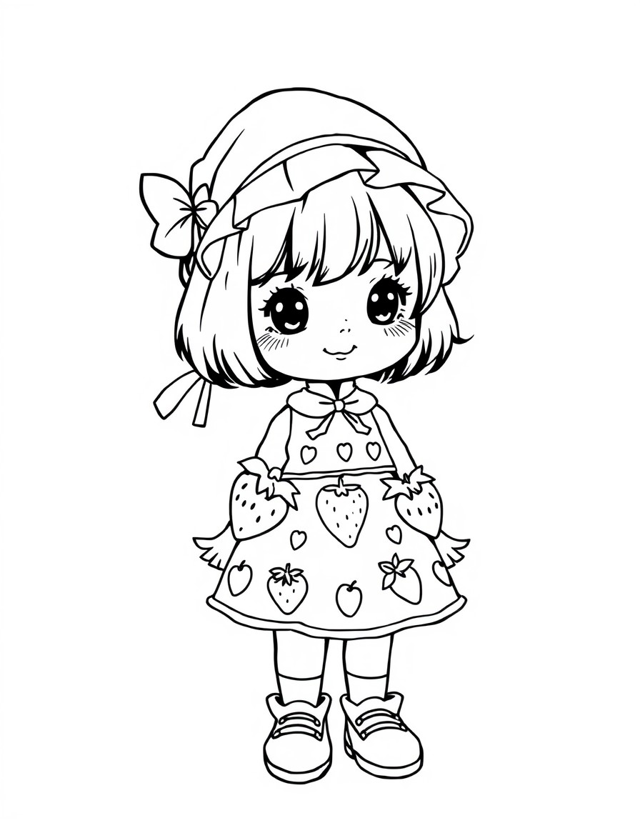 "A high-quality black and white coloring page in a nostalgic 80s and 90s children's book style. A cute girl wearing fruit-themed clothing, such as a strawberry-patterned dress and a matching bonnet, s