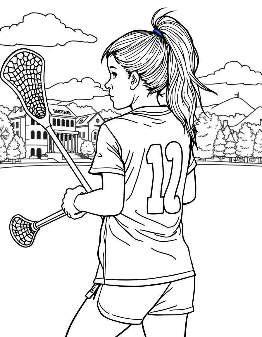 a girl in a ponytail hair playing lacrosse for the dartmouth with the dartmouth campus in the background