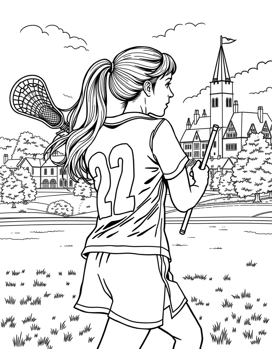 a girl in a ponytail hair playing lacrosse for the dartmouth with the dartmouth campus in the background