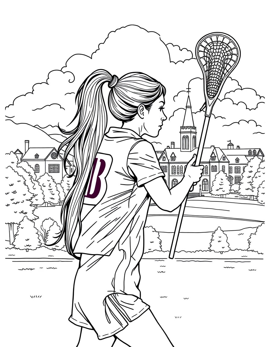 a girl in a ponytail hair playing lacrosse for the dartmouth with the dartmouth campus in the background