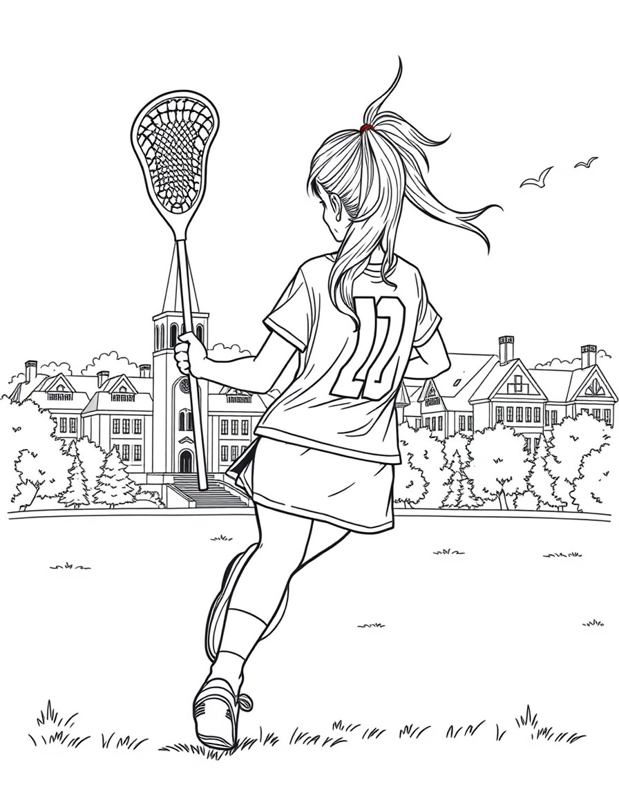 a girl in a ponytail hair playing lacrosse for the dartmouth with the dartmouth campus in the background