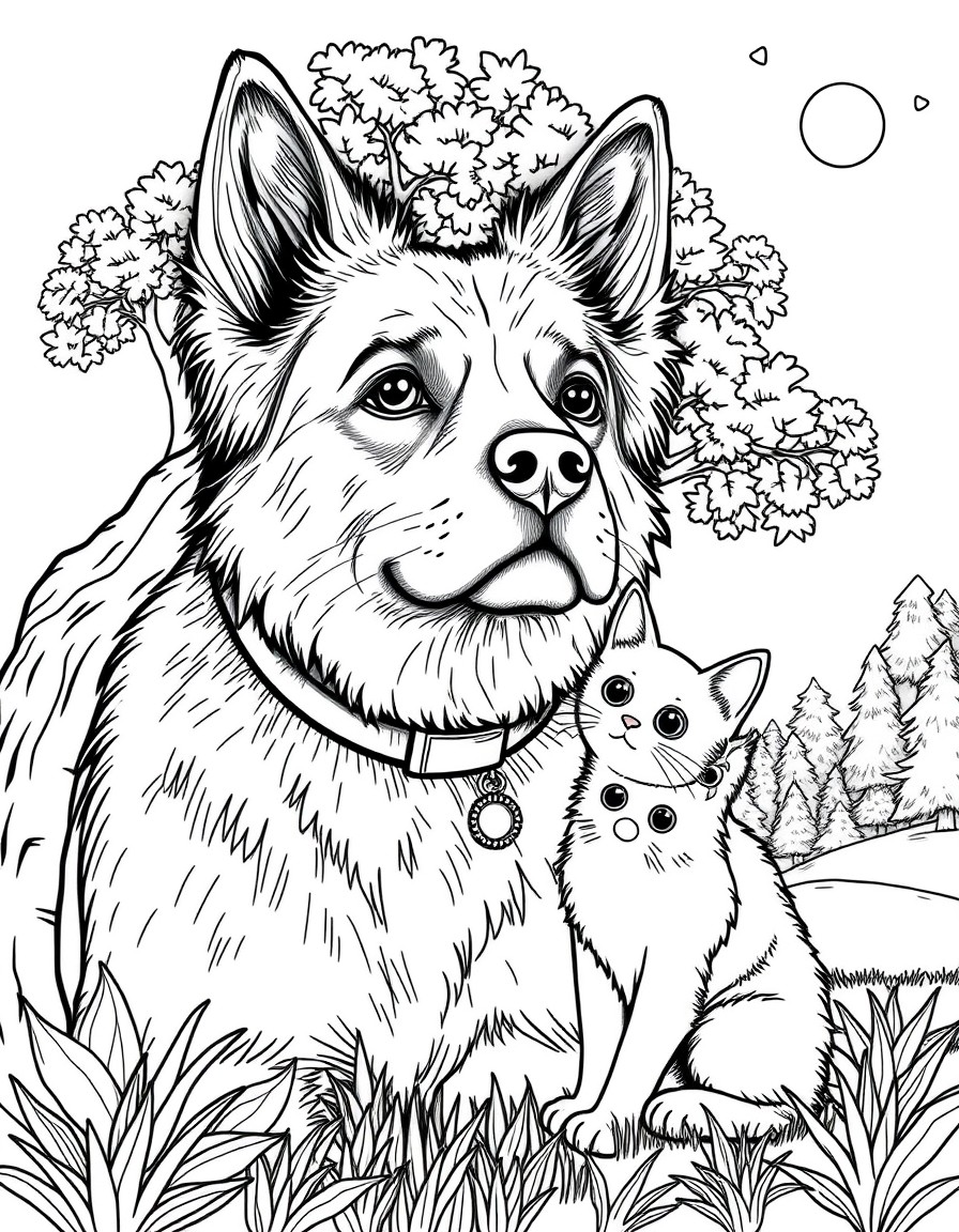 Pls create a Pic with dog cat ans trees