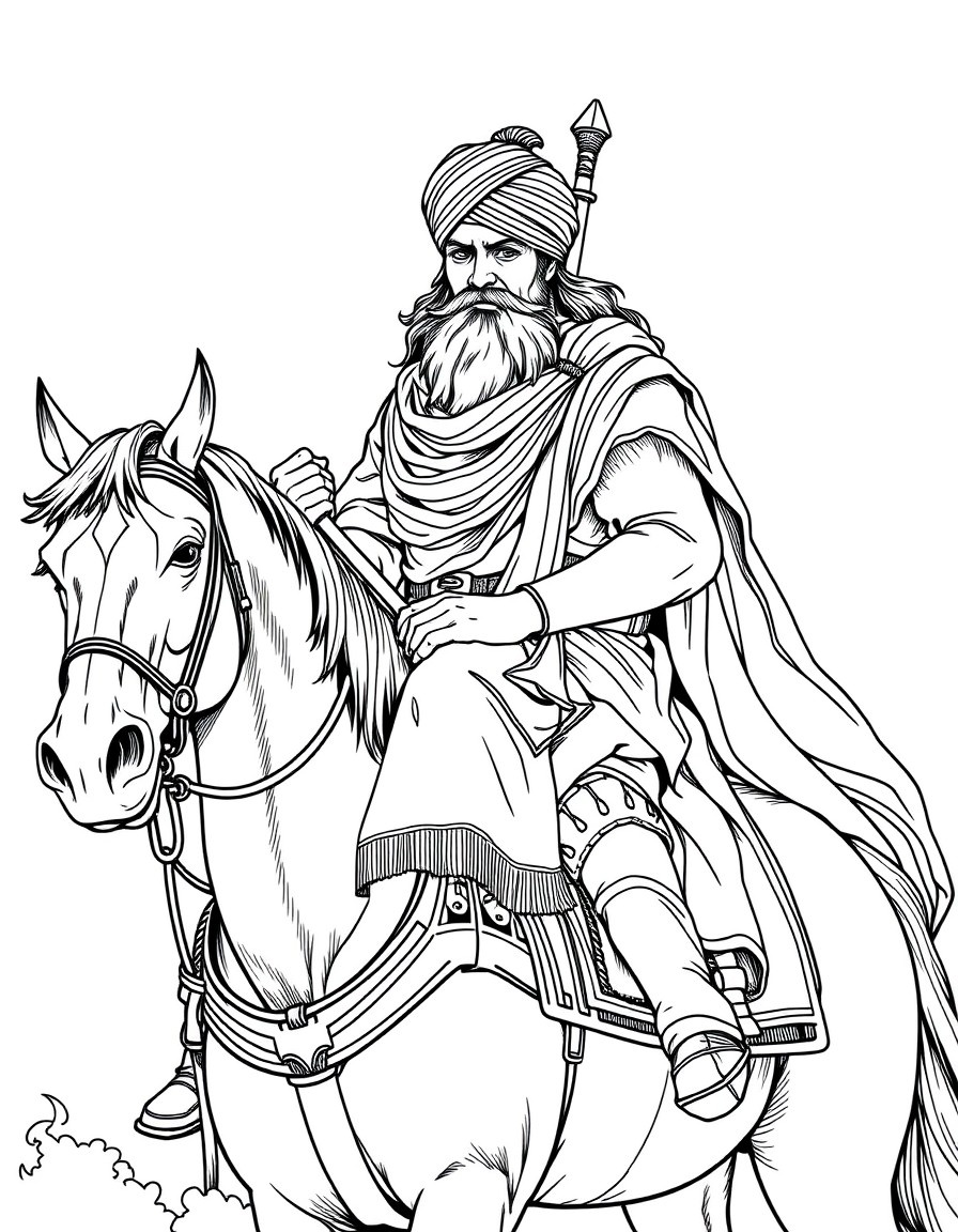 Sikh warrior with a Turban and sword on top of a horse