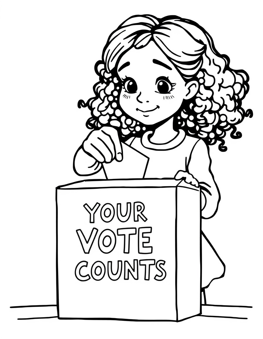 A girl placing a ballot in a box that says "Your Vote Counts"