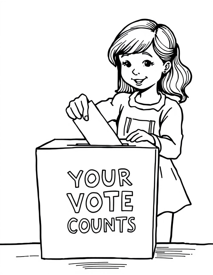 A girl placing a ballot in a box that says "Your Vote Counts"