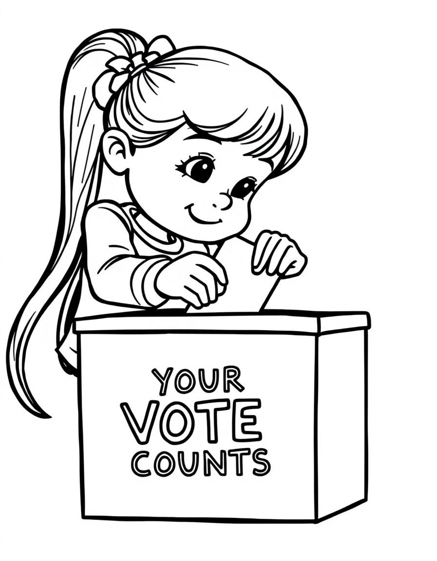 A girl placing a ballot in a box that says "Your Vote Counts"
