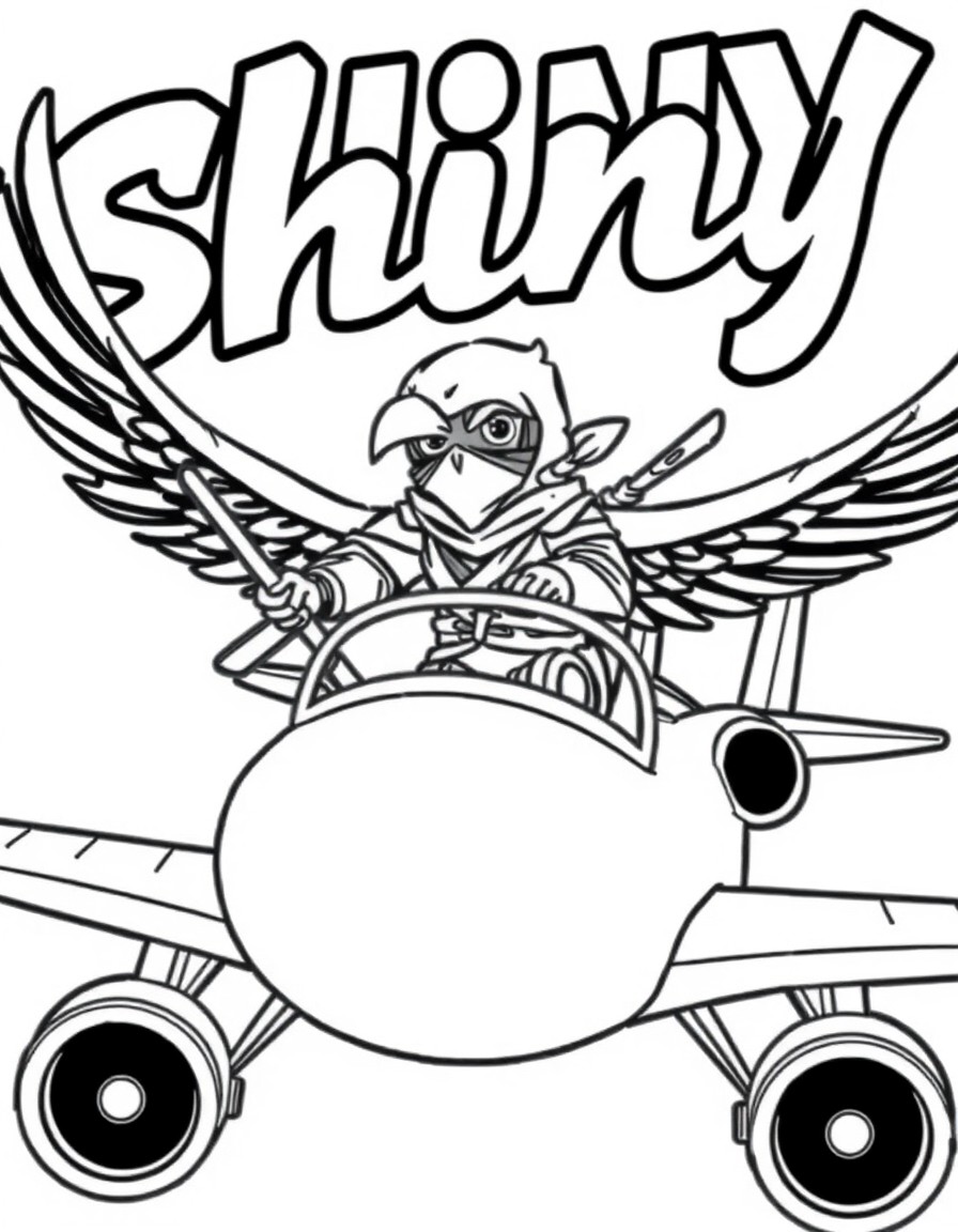 A ninja eagle on an airplane and the text 'Shiny' in the background