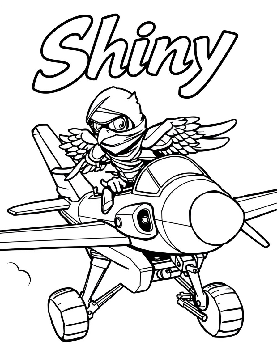 A ninja eagle on an airplane and the text 'Shiny' in the background