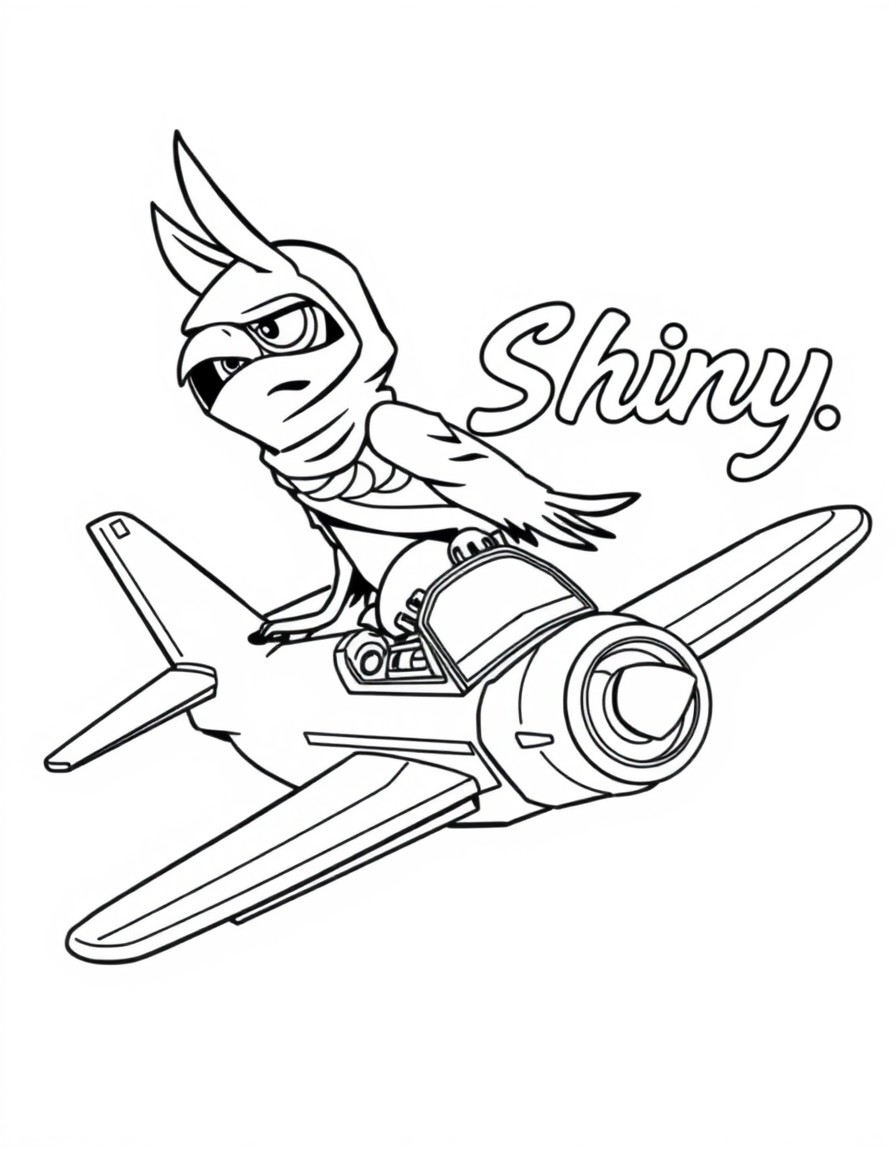 A ninja eagle on an airplane and the text 'Shiny' in the background