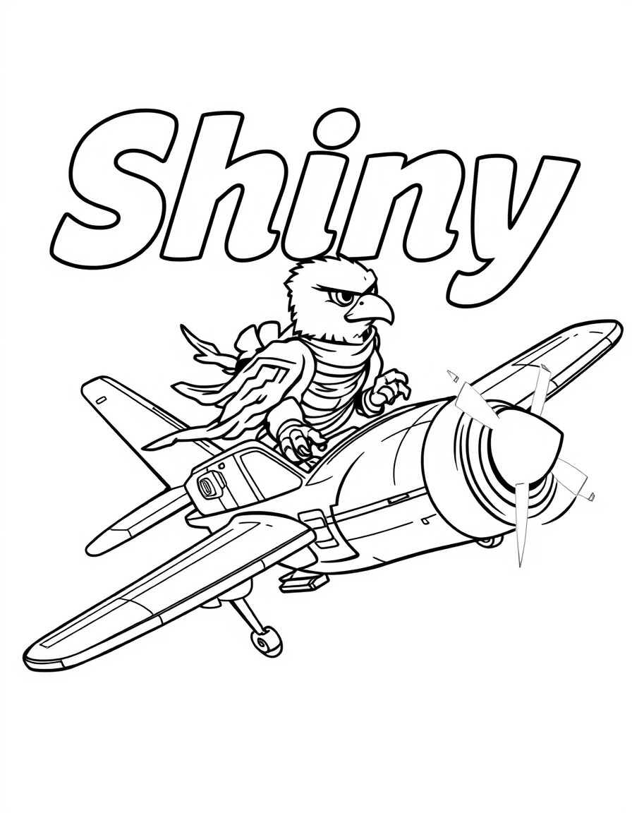 A ninja eagle on an airplane and the text 'Shiny' in the background