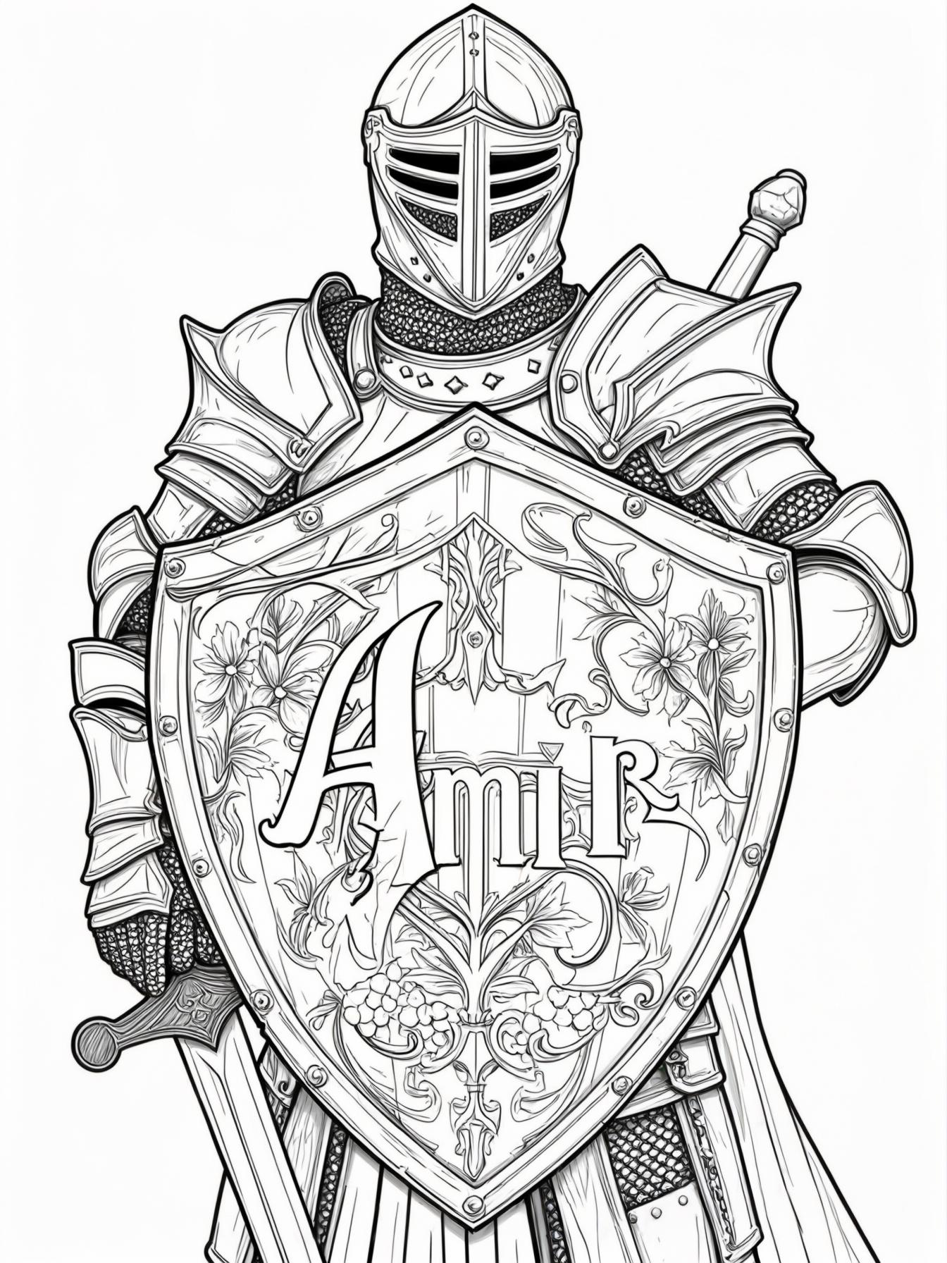 Knight with a shield and sword ready for action in his shield name it Amir
