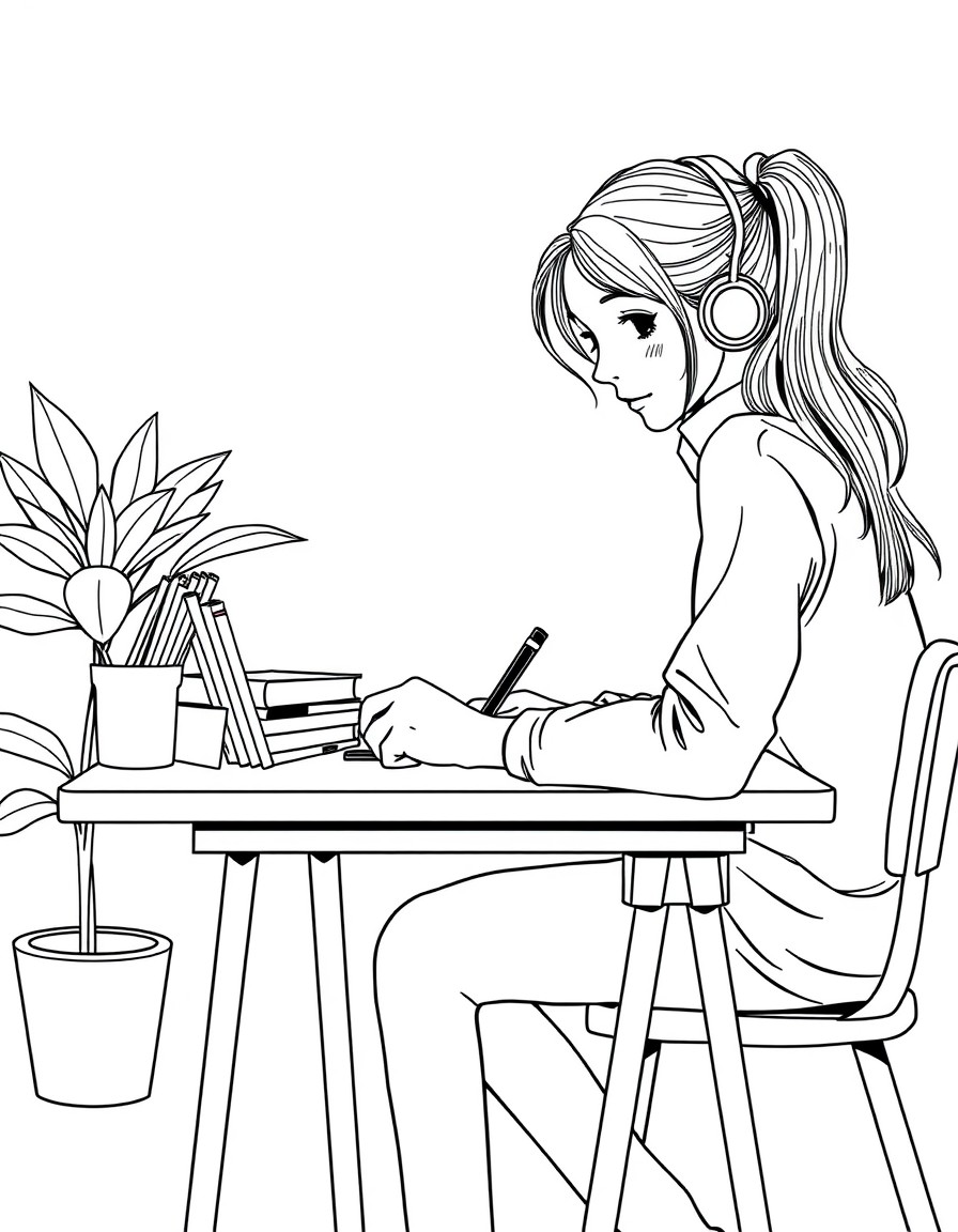 A teenage girl studying at her study desk