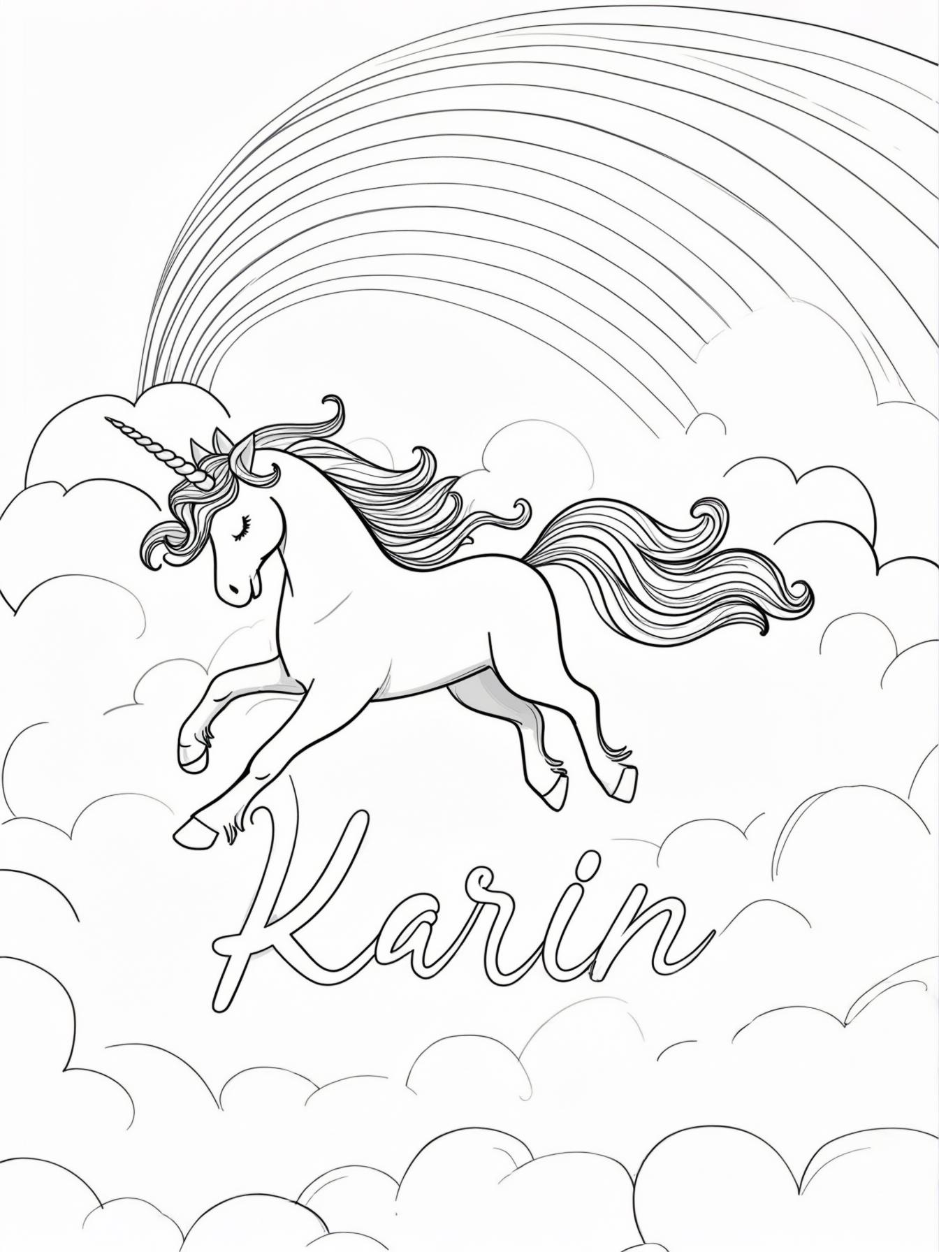 A graceful unicorn dancing on clouds, leaving a rainbow trail that forms 'Karin'