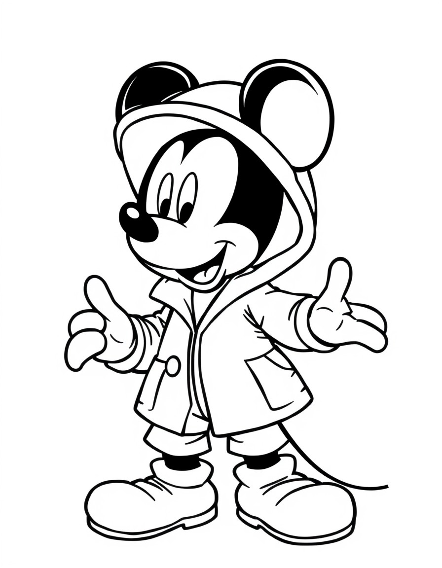 Mickey Mouse wearing a raincoat