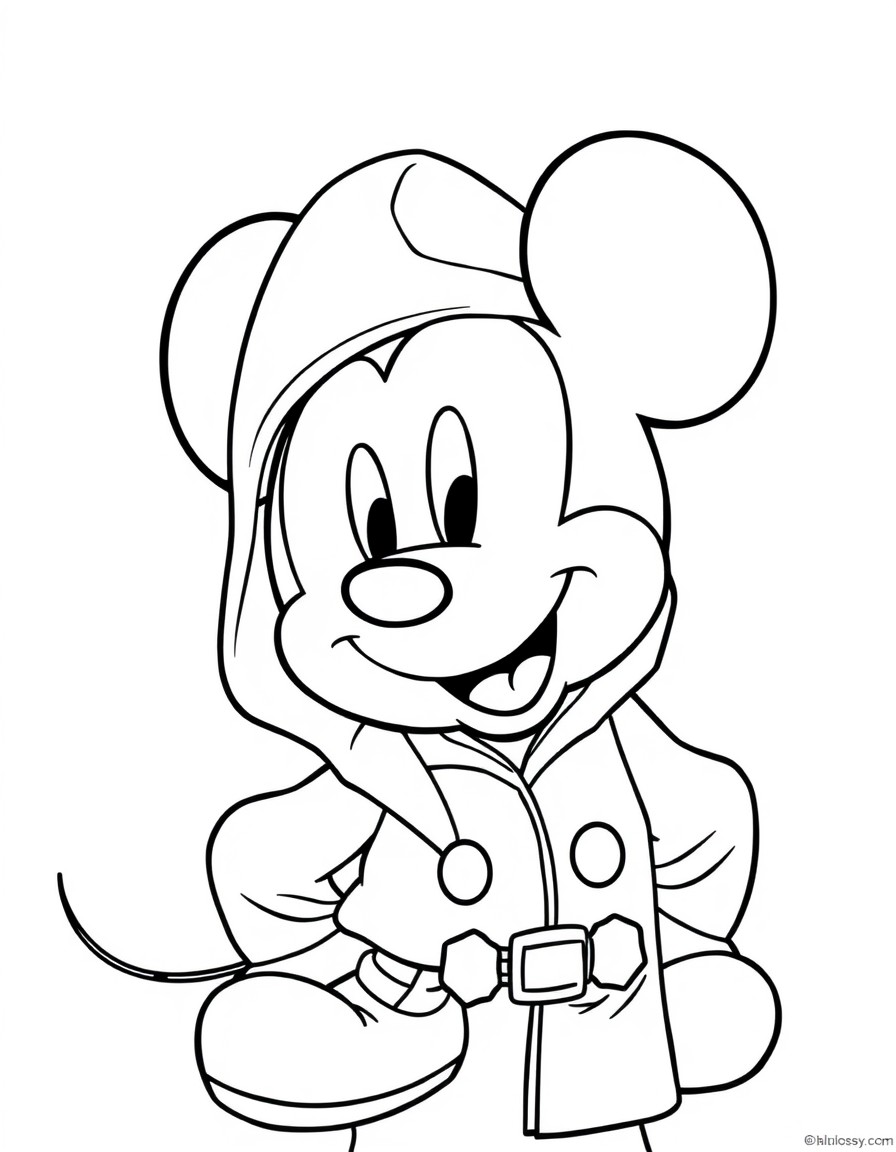 Mickey Mouse wearing a raincoat