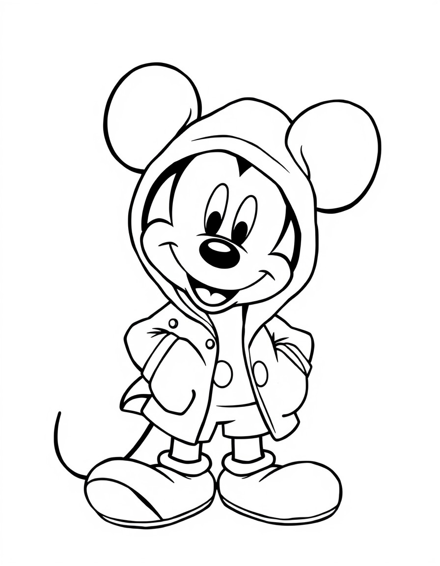 Mickey Mouse wearing a raincoat