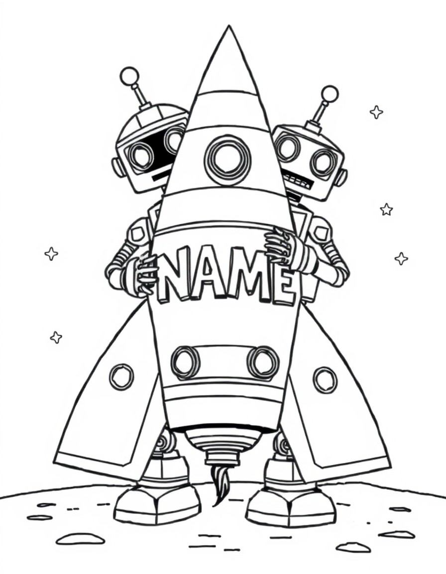 A pair of silly robots building a rocket ship decorated with the letters 'NAME'