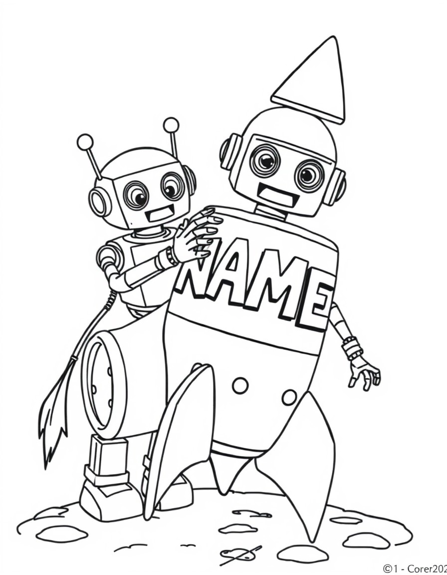 A pair of silly robots building a rocket ship decorated with the letters 'NAME'