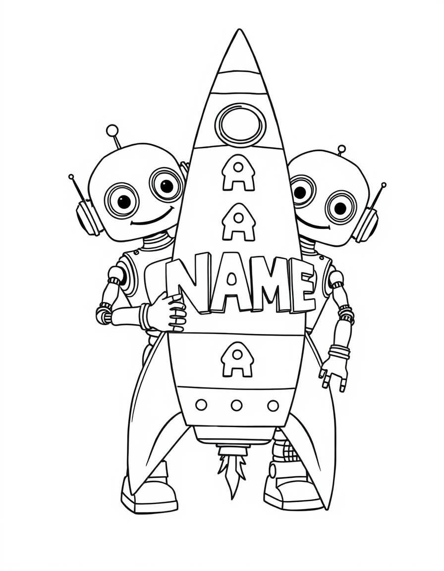 A pair of silly robots building a rocket ship decorated with the letters 'NAME'