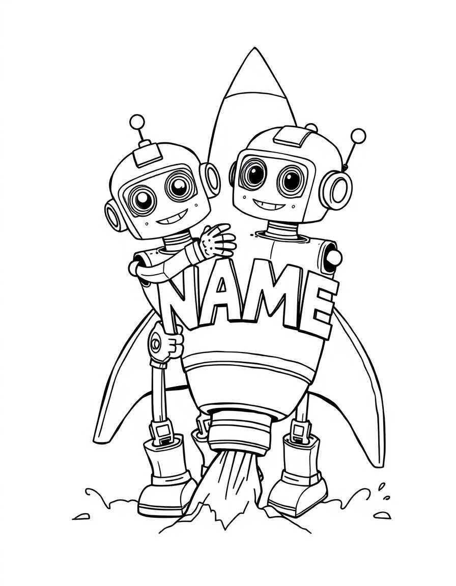 A pair of silly robots building a rocket ship decorated with the letters 'NAME'