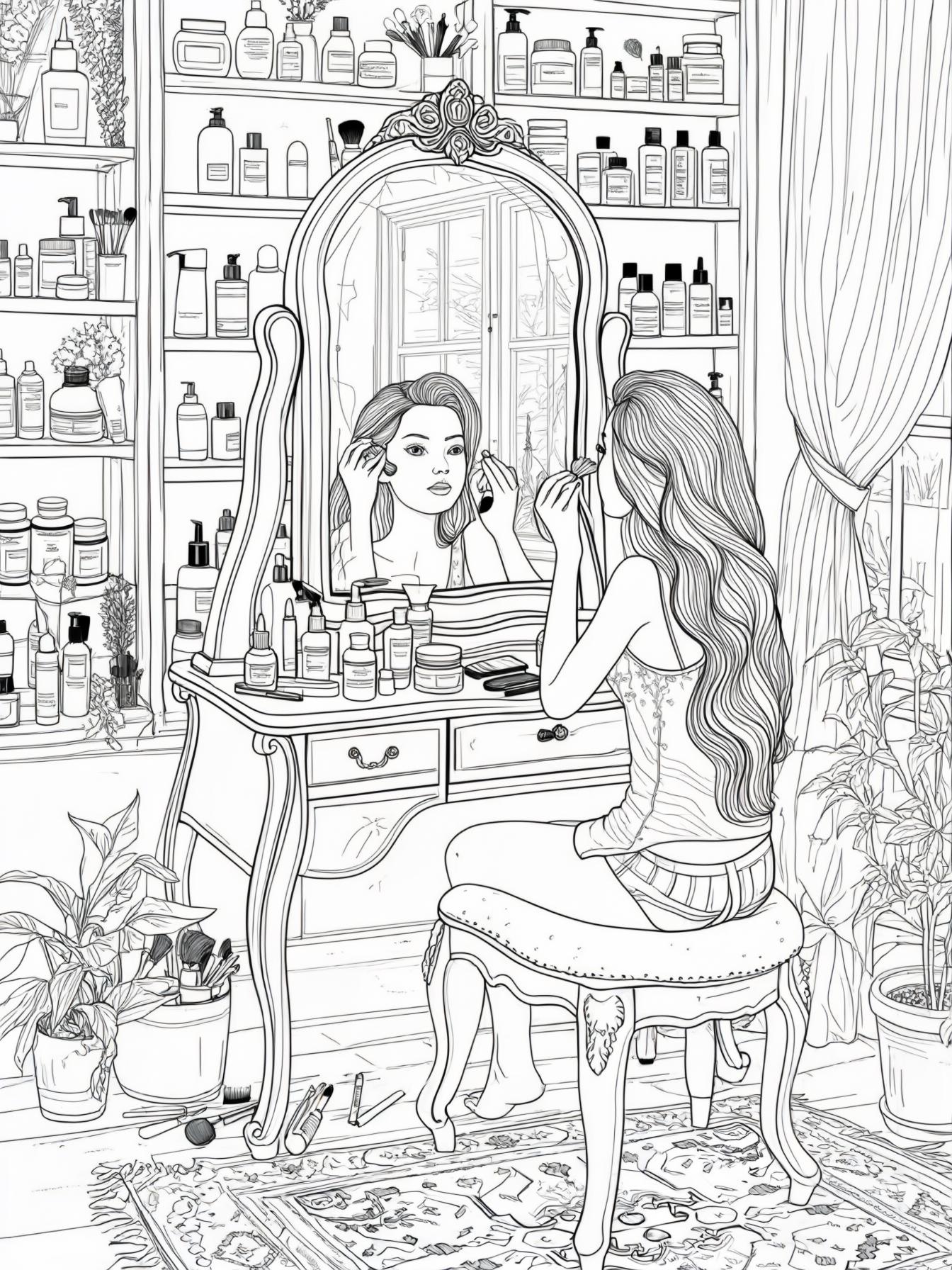 Girl doing skincare, room full of details and products